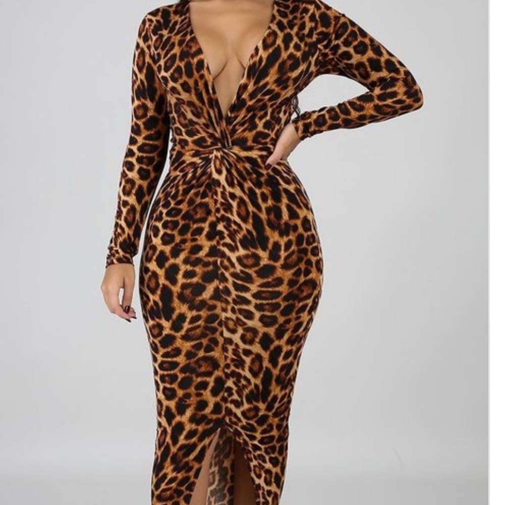 Cheetah Print Midi Dress Deep V-Neck - Just Pretty LLC - Picture 2 of 6